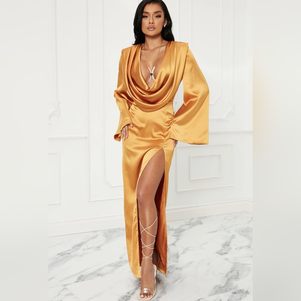 Long Sleeve Satin Maxi Dress - Mustard/Yellow/Gold